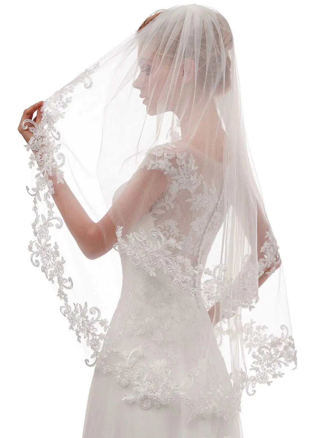 Short Two-Tier Lace Wedding Veil with Comb - Luzilly Bridal & Apparel