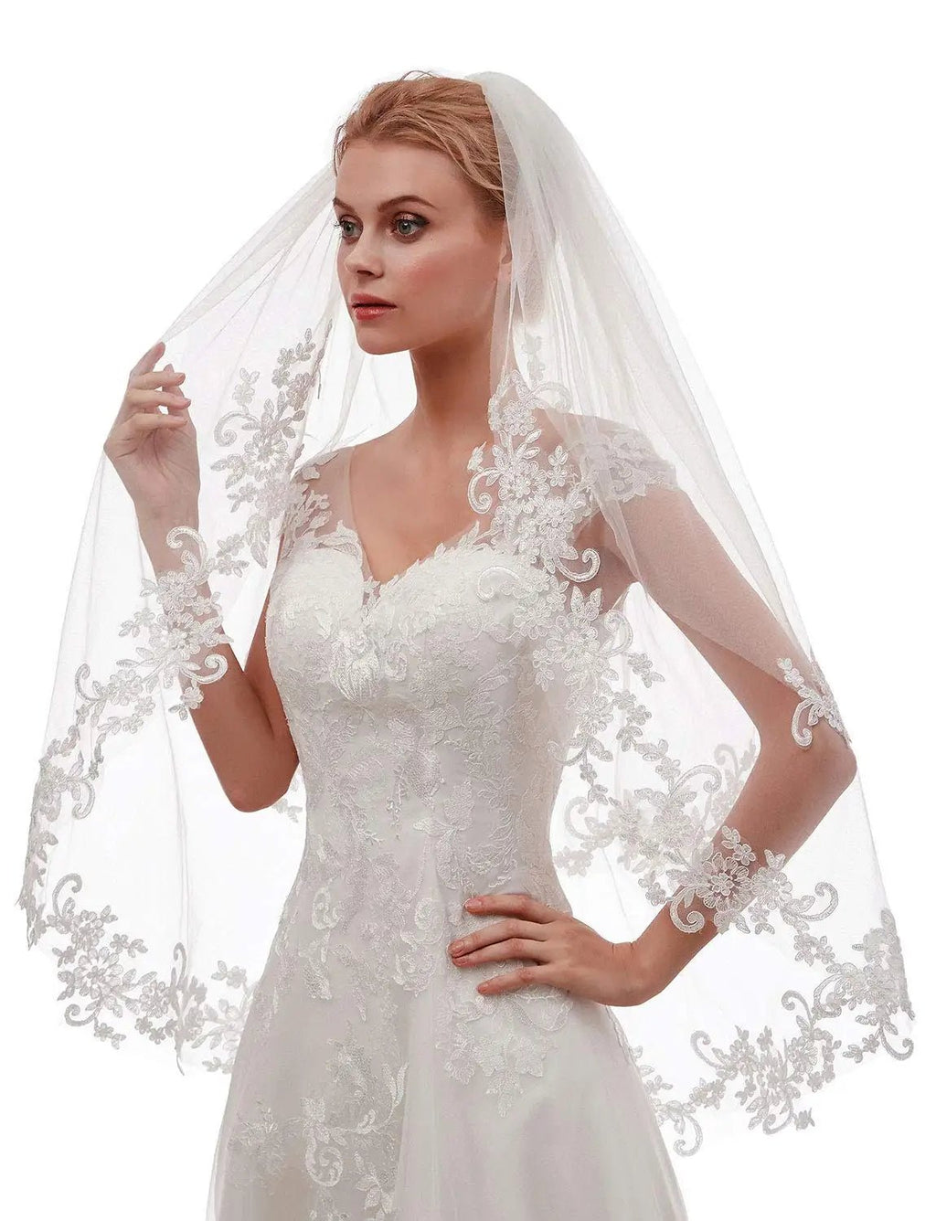 Short Two-Tier Lace Wedding Veil with Comb - Luzilly Bridal & Apparel