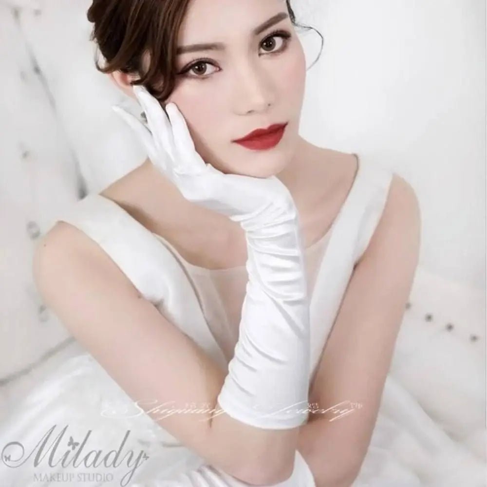 Short White Satin Bridal Gloves with Bow - Luzilly Bridal & Apparel