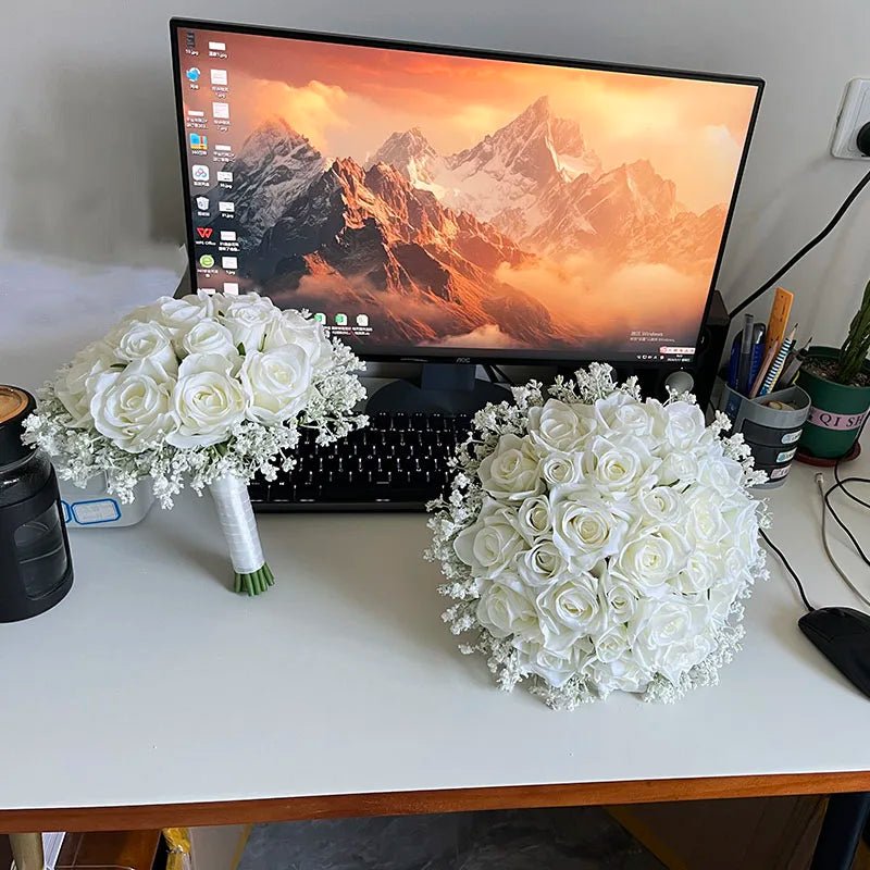 Silk Rose & Baby's Breath Bridal Bouquet - Luzilly Bridal & Apparel
