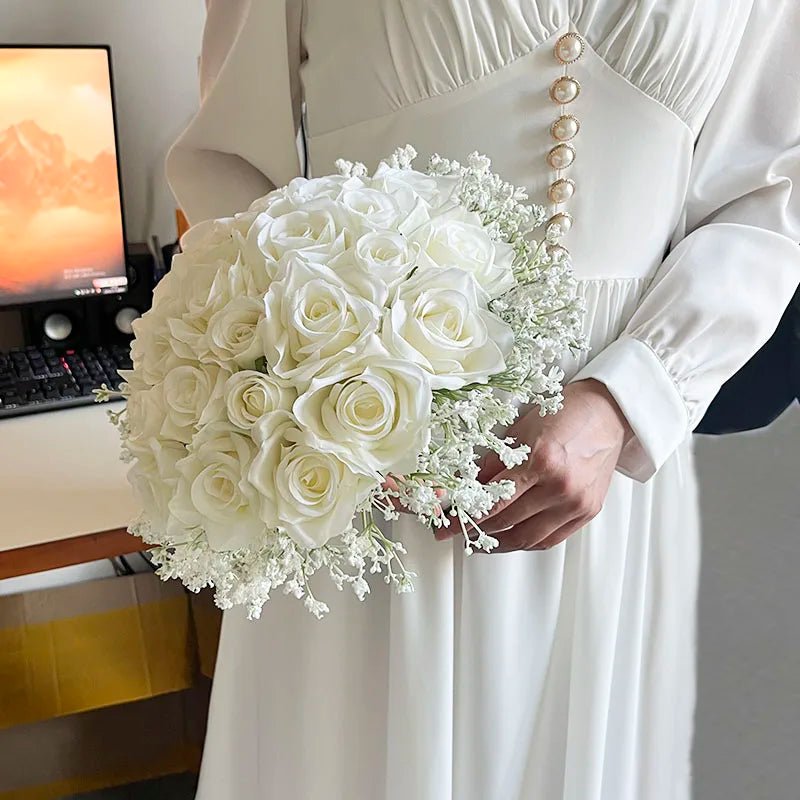 Silk Rose & Baby's Breath Bridal Bouquet - Luzilly Bridal & Apparel