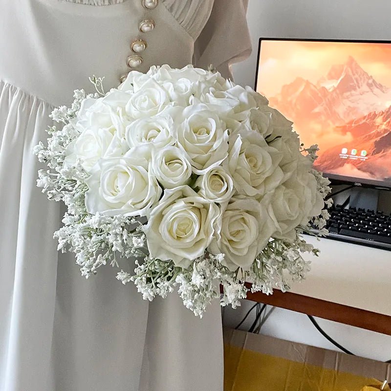 Silk Rose & Baby's Breath Bridal Bouquet - Luzilly Bridal & Apparel