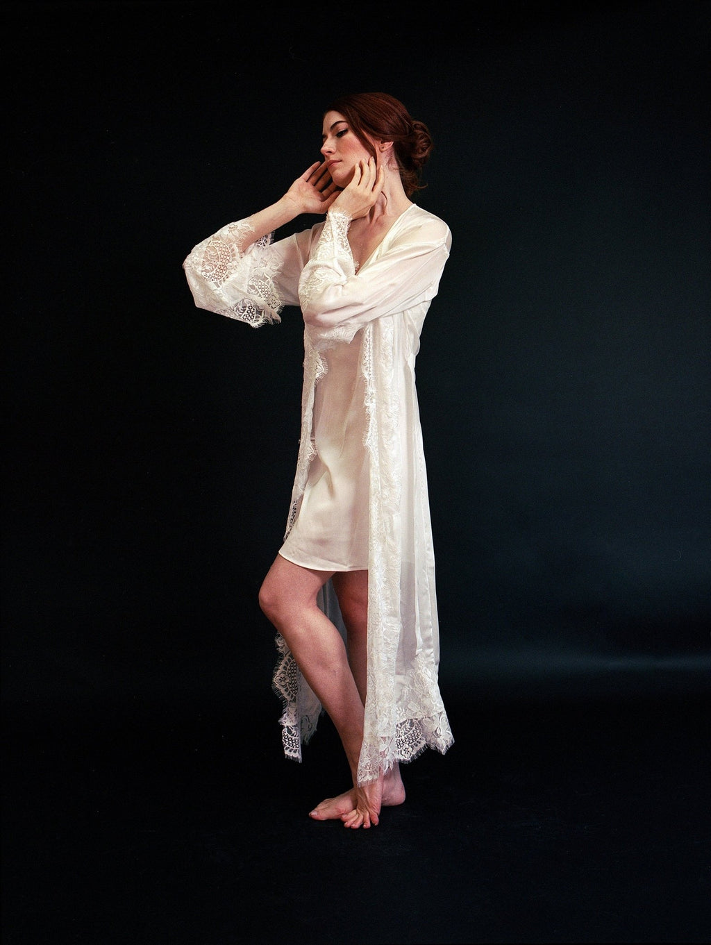 Silky Chiffon Trimmed Lace Long Lingerie Robe with Nightgown - Luzilly Bridal & Apparel