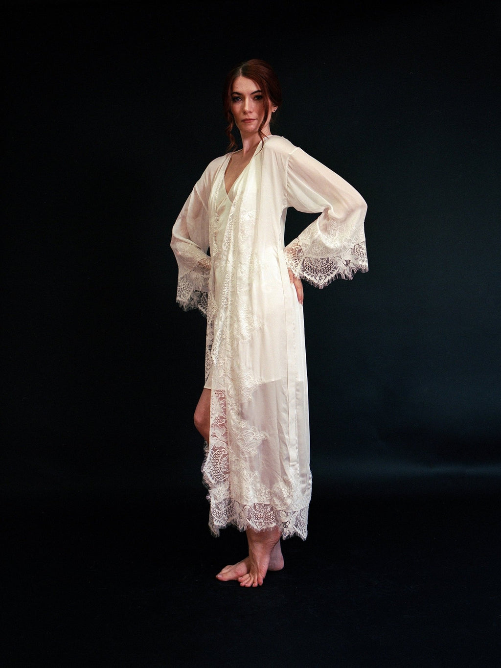Silky Chiffon Trimmed Lace Long Lingerie Robe with Nightgown - Luzilly Bridal & Apparel