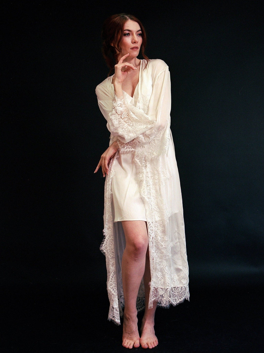 Silky Chiffon Trimmed Lace Long Lingerie Robe with Nightgown - Luzilly Bridal & Apparel
