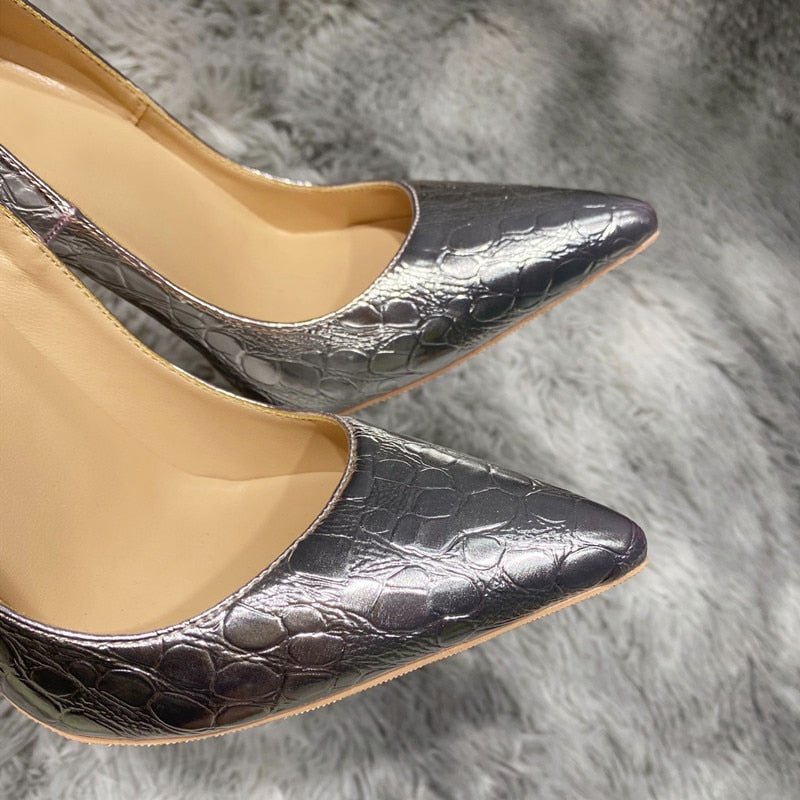Silver Crocodile-Effect Women Sexy Pumps 8cm 10cm 12cm Pointed Toe High Heels Fashion Ladies Wedding Shoes Size 33-45 - Luzilly Bridal & Apparel