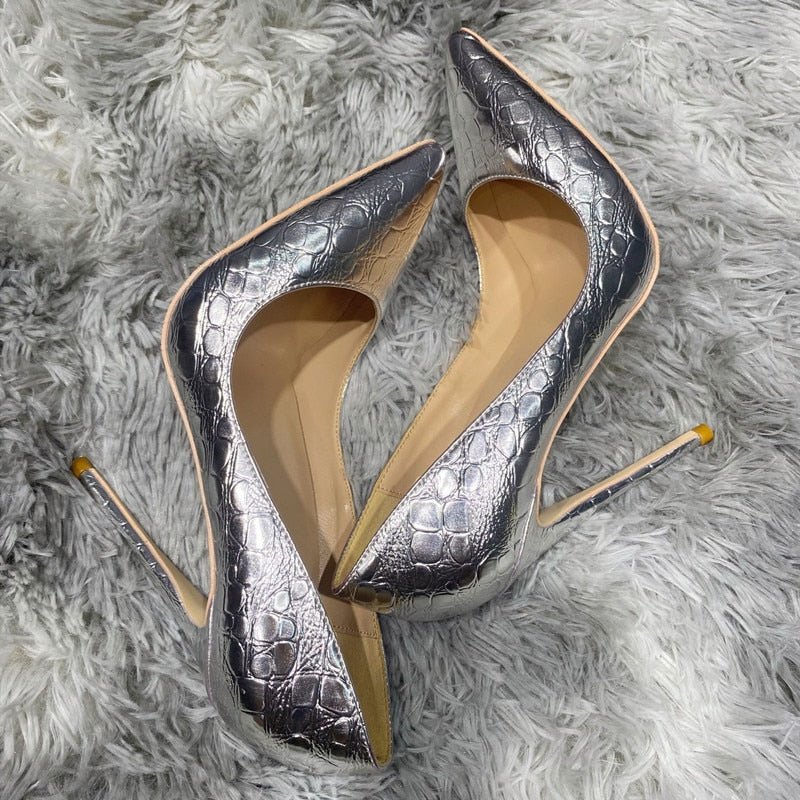 Silver Crocodile-Effect Women Sexy Pumps 8cm 10cm 12cm Pointed Toe High Heels Fashion Ladies Wedding Shoes Size 33-45 - Luzilly Bridal & Apparel