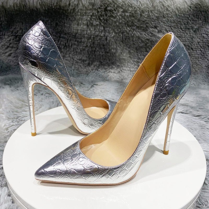 Silver Crocodile-Effect Women Sexy Pumps 8cm 10cm 12cm Pointed Toe High Heels Fashion Ladies Wedding Shoes Size 33-45 - Luzilly Bridal & Apparel