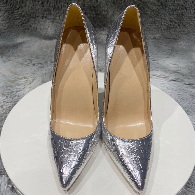 Silver Crocodile-Effect Women Sexy Pumps 8cm 10cm 12cm Pointed Toe High Heels Fashion Ladies Wedding Shoes Size 33-45 - Luzilly Bridal & Apparel