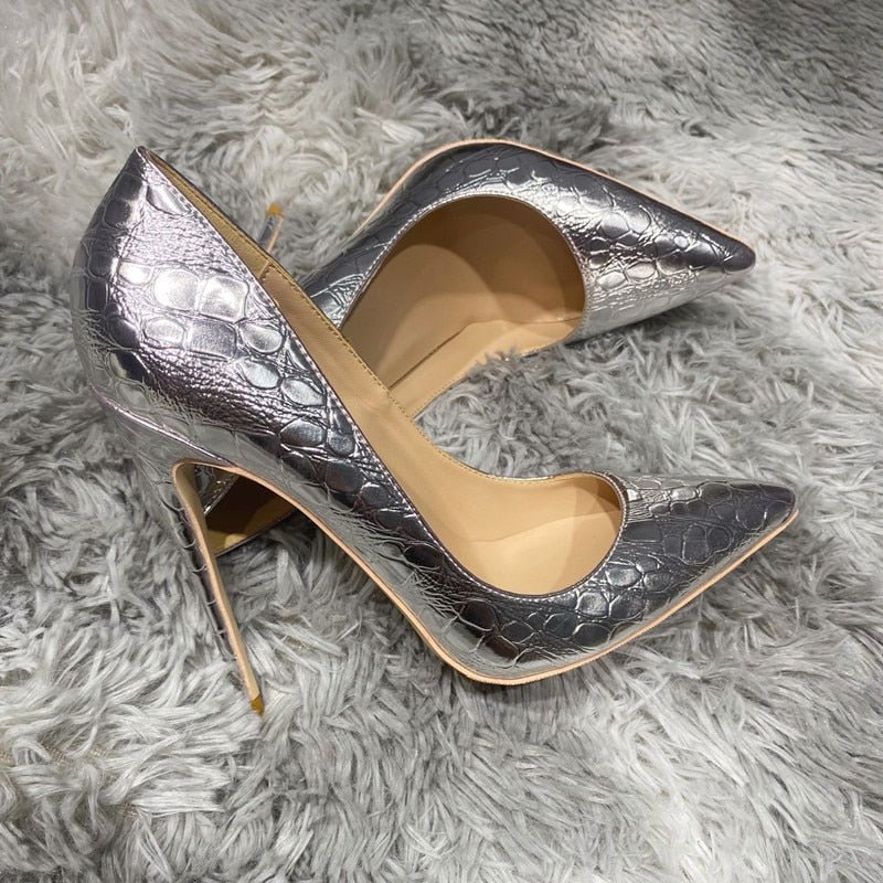 Silver Crocodile-Effect Women Sexy Pumps 8cm 10cm 12cm Pointed Toe High Heels Fashion Ladies Wedding Shoes Size 33-45 - Luzilly Bridal & Apparel