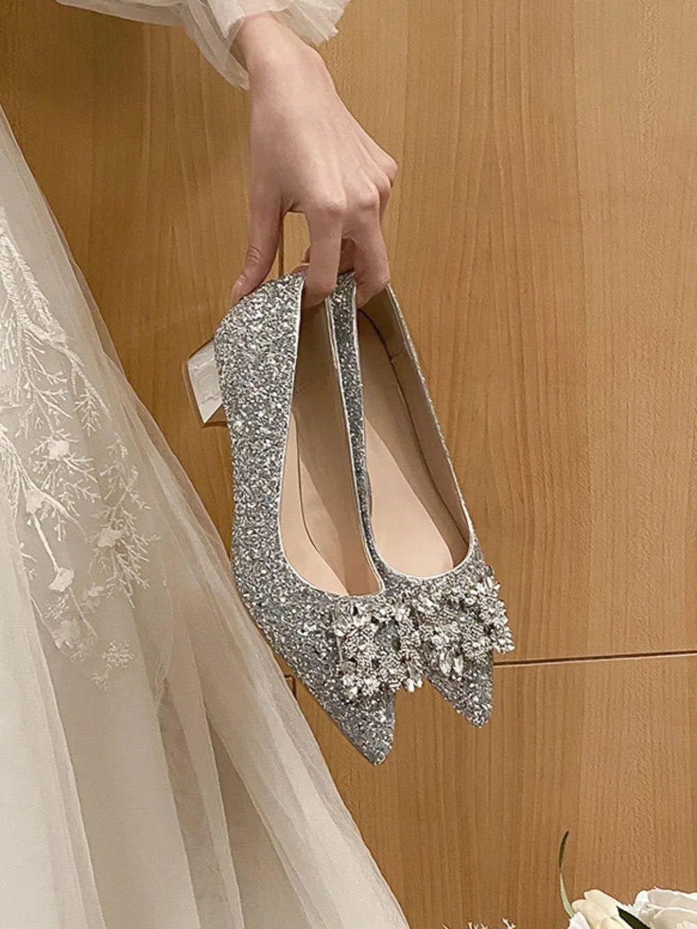 Silver French style mid heeled shoes for women's new square buckle wedding shoes and bridesmaid shoes - Luzilly Bridal & Apparel