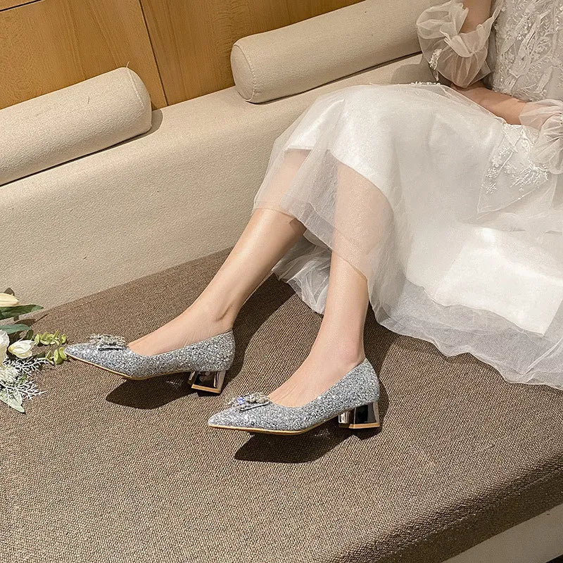 Silver French style mid heeled shoes for women's new square buckle wedding shoes and bridesmaid shoes - Luzilly Bridal & Apparel