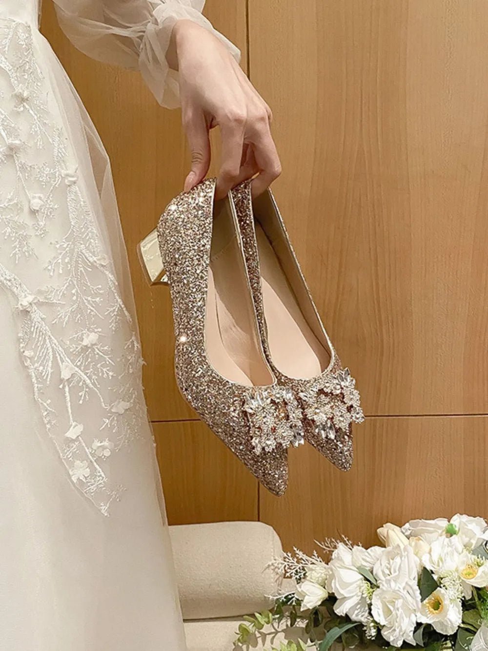 Silver French style mid heeled shoes for women's new square buckle wedding shoes and bridesmaid shoes - Luzilly Bridal & Apparel