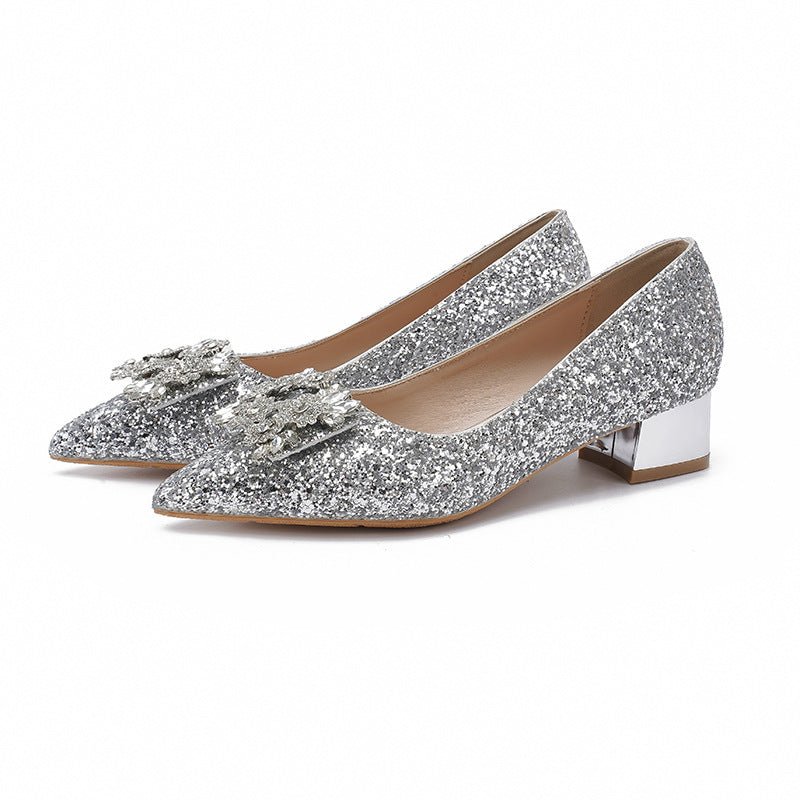 Silver French style mid heeled shoes for women's new square buckle wedding shoes and bridesmaid shoes - Luzilly Bridal & Apparel