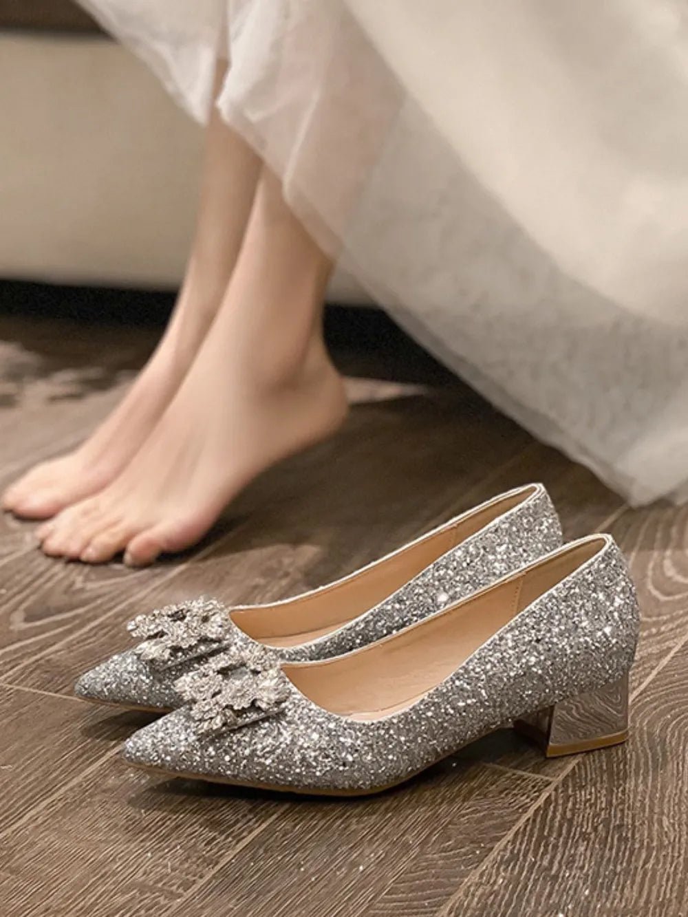 Silver French style mid heeled shoes for women's new square buckle wedding shoes and bridesmaid shoes - Luzilly Bridal & Apparel