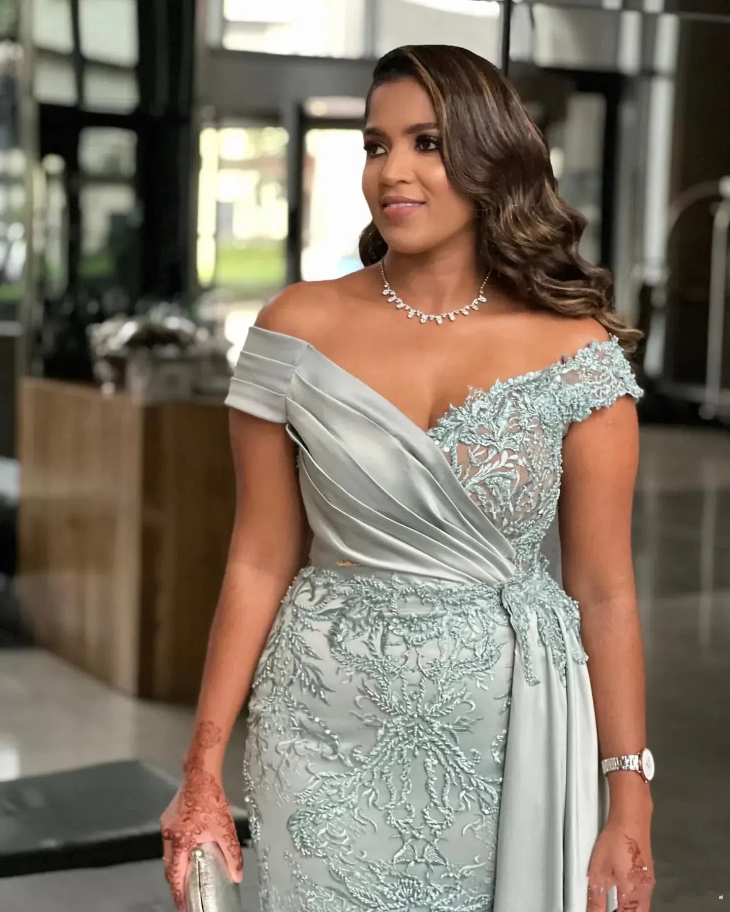 Silver Lace Satin Mermaid Mother of the Bride Dress - Luzilly Bridal & Apparel