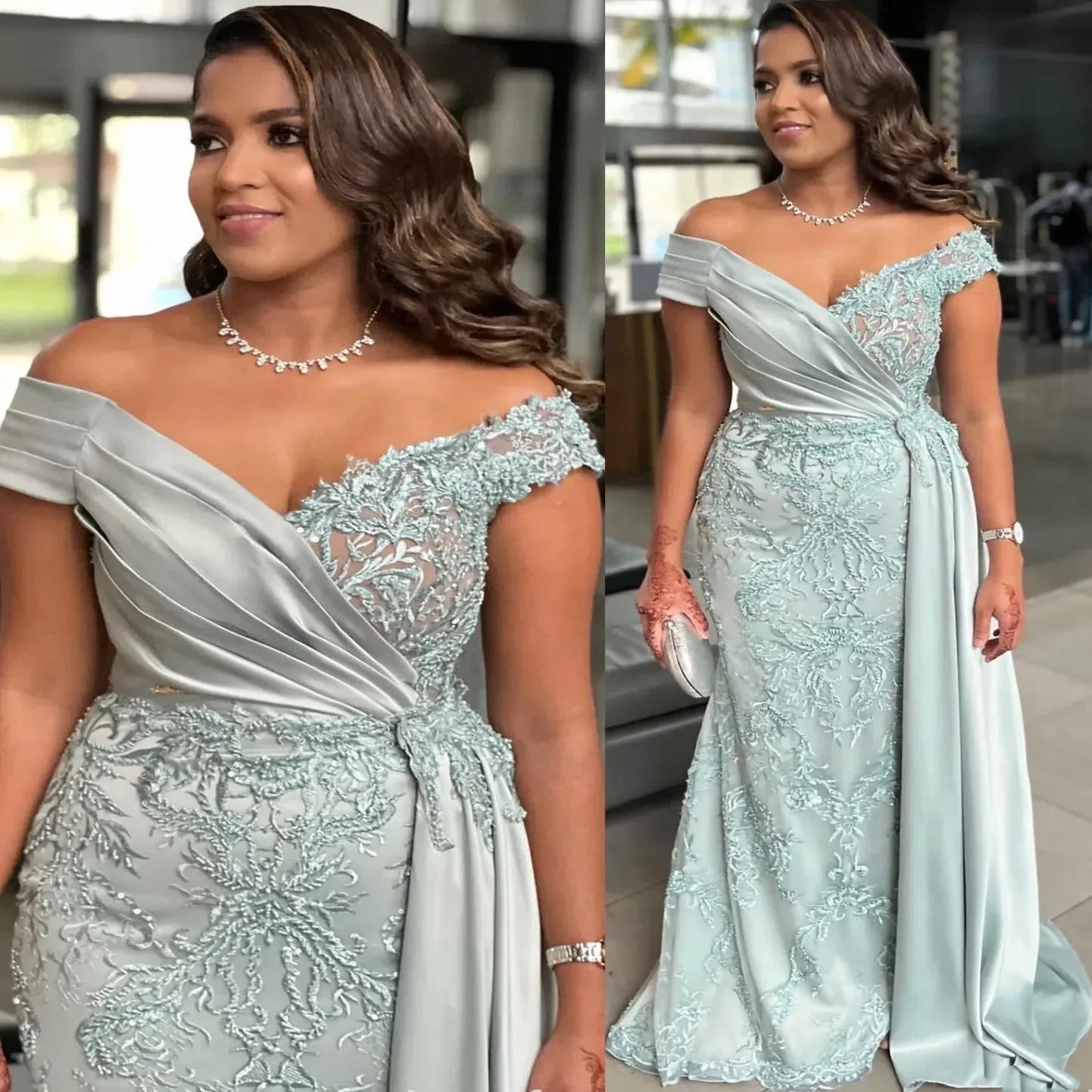 Silver Lace Satin Mermaid Mother of the Bride Dress - Luzilly Bridal & Apparel