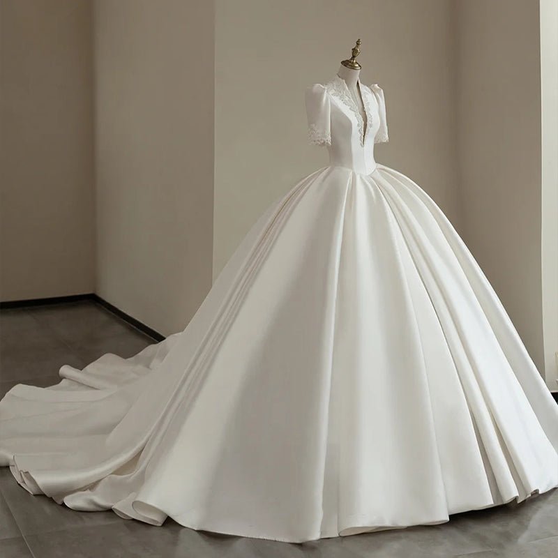 Simple And High-end Mid Sleeved V-neck Wedding Dress - Luzilly Bridal & Apparel