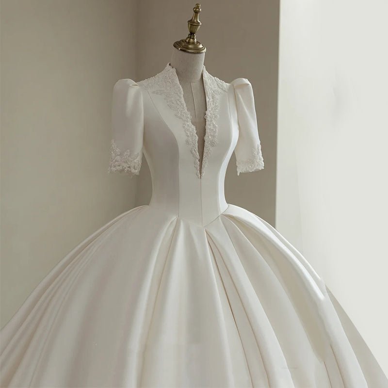Simple And High-end Mid Sleeved V-neck Wedding Dress - Luzilly Bridal & Apparel