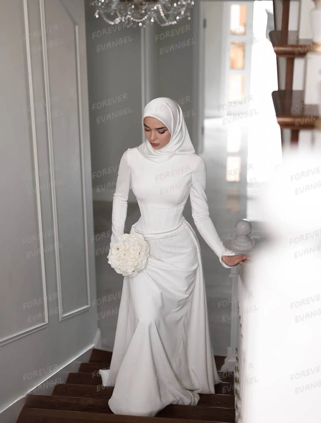 Simple Formal Wedding Dresses Muslim Woman Satin Bride Gowns High Neck Long Sleeve Ruffles Elegant Vestidos De Noche Customized - Luzilly Bridal & Apparel