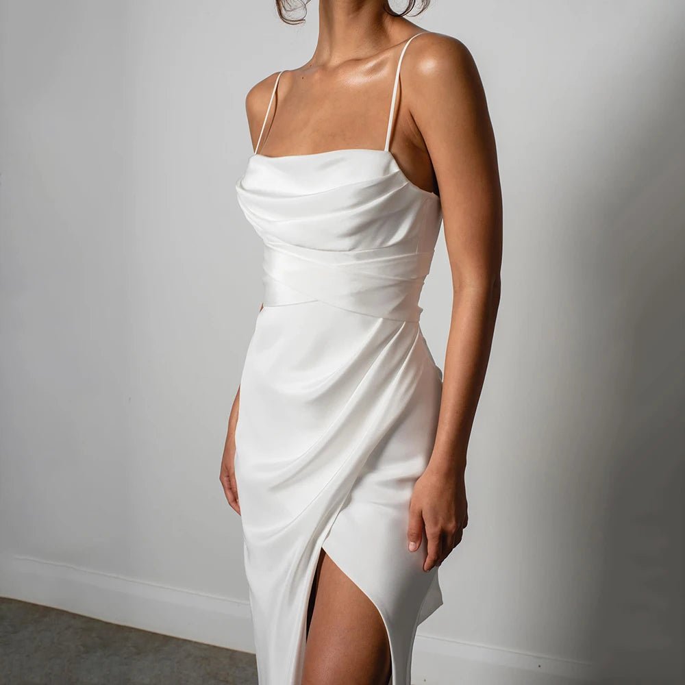 Simple Satin Mermaid Wedding Gown with High Slit - Luzilly Bridal & Apparel