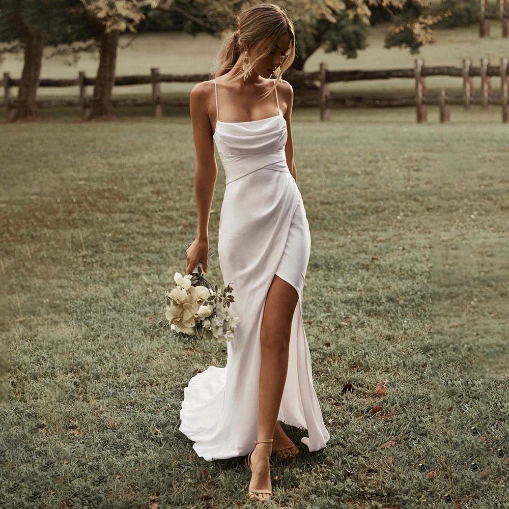 Simple Satin Mermaid Wedding Gown with High Slit - Luzilly Bridal & Apparel