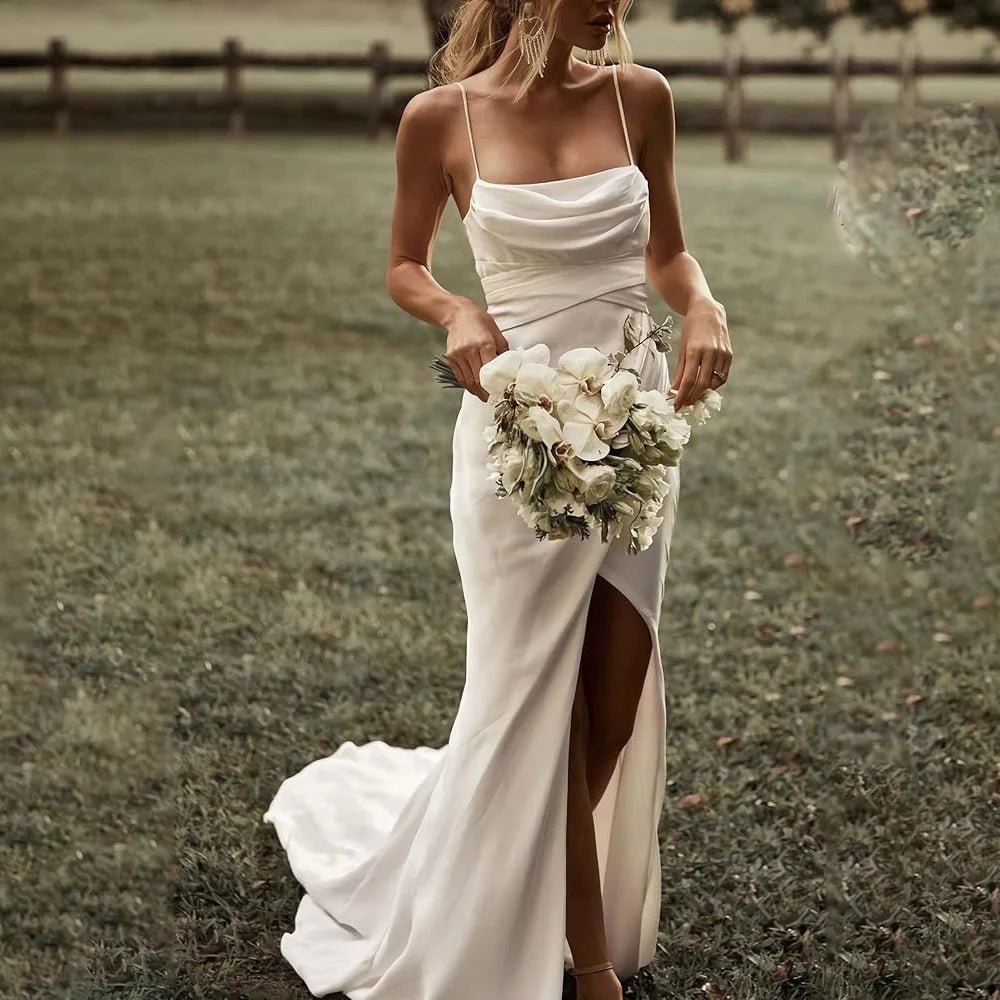 Simple Satin Mermaid Wedding Gown with High Slit - Luzilly Bridal & Apparel