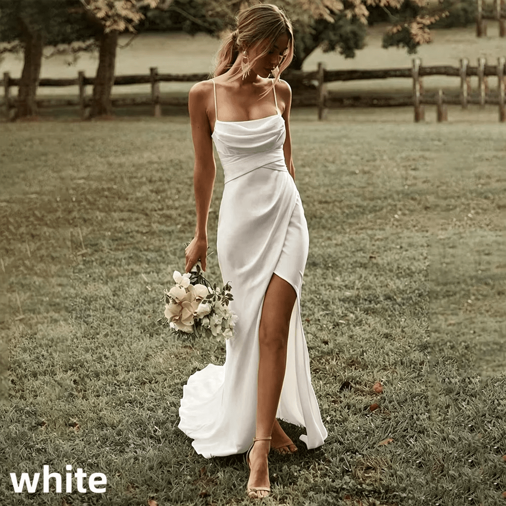 Simple Satin Mermaid Wedding Gown with High Slit - Luzilly Bridal & Apparel