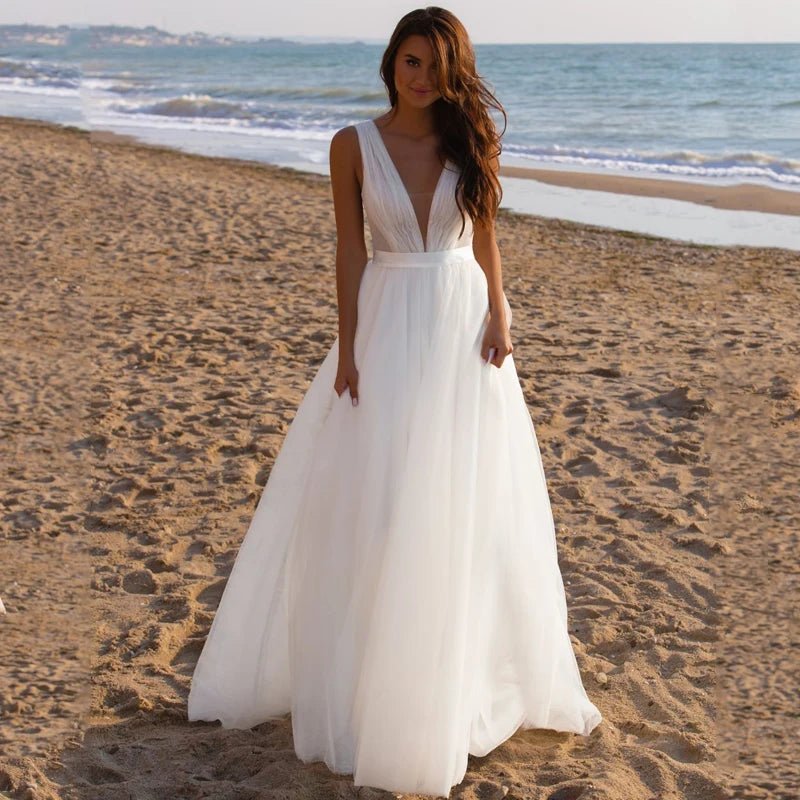 Simple Sleeveless V-Neck Backless A-Line Wedding Dress - Luzilly Bridal & Apparel