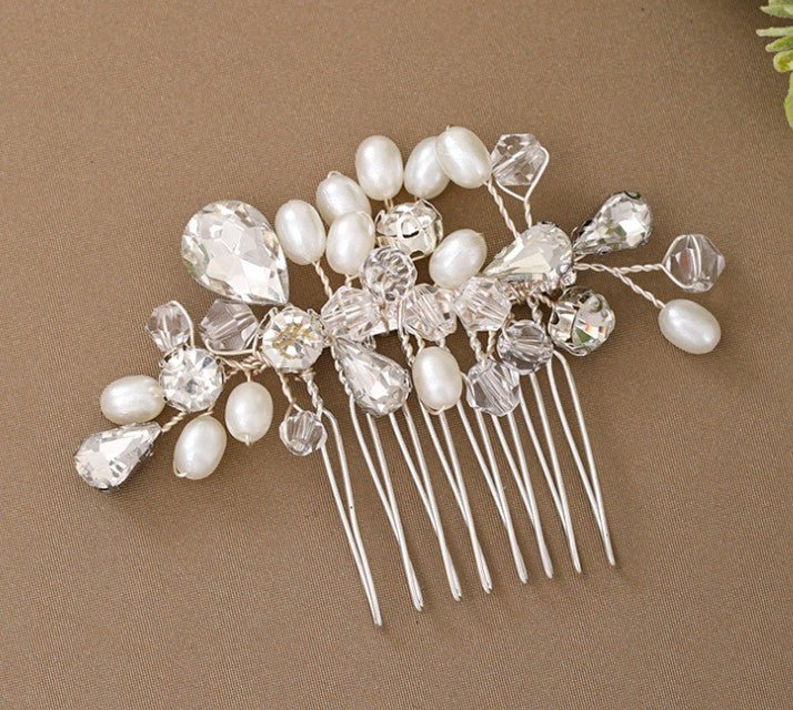 Simple wedding jewelry crystal pearl handmade crystal hair comb - Luzilly Bridal & Apparel