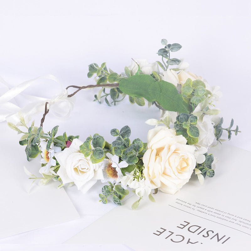 Simulated Rose Hairband Velvet Curled Edge Rose Green Leaf Flower Wreath Bridal Photo Flower Crown - Luzilly Bridal & Apparel