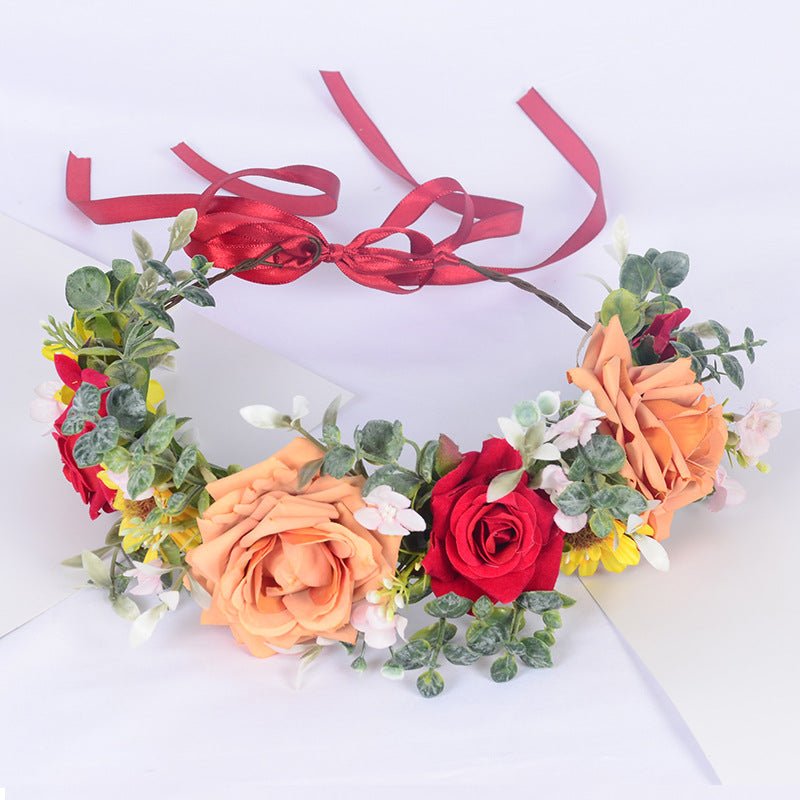 Simulated Rose Hairband Velvet Curled Edge Rose Green Leaf Flower Wreath Bridal Photo Flower Crown - Luzilly Bridal & Apparel