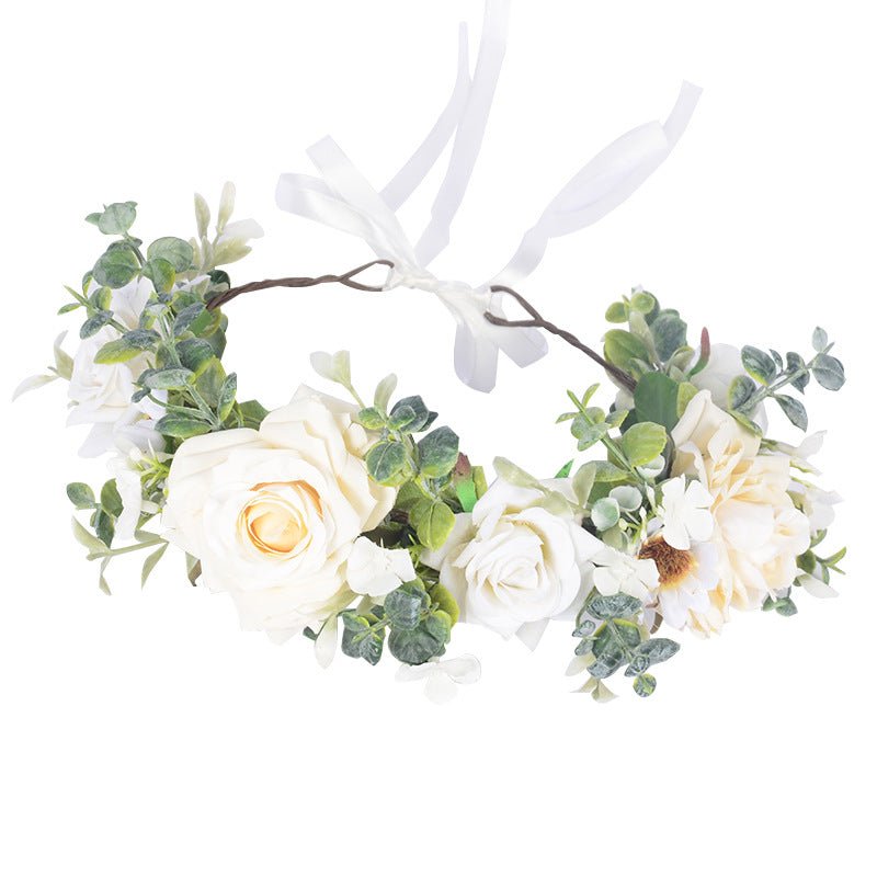Simulated Rose Hairband Velvet Curled Edge Rose Green Leaf Flower Wreath Bridal Photo Flower Crown - Luzilly Bridal & Apparel