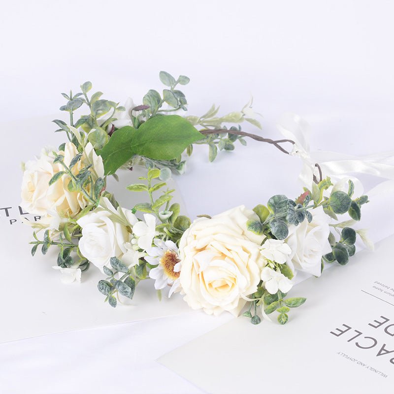 Simulated Rose Hairband Velvet Curled Edge Rose Green Leaf Flower Wreath Bridal Photo Flower Crown - Luzilly Bridal & Apparel