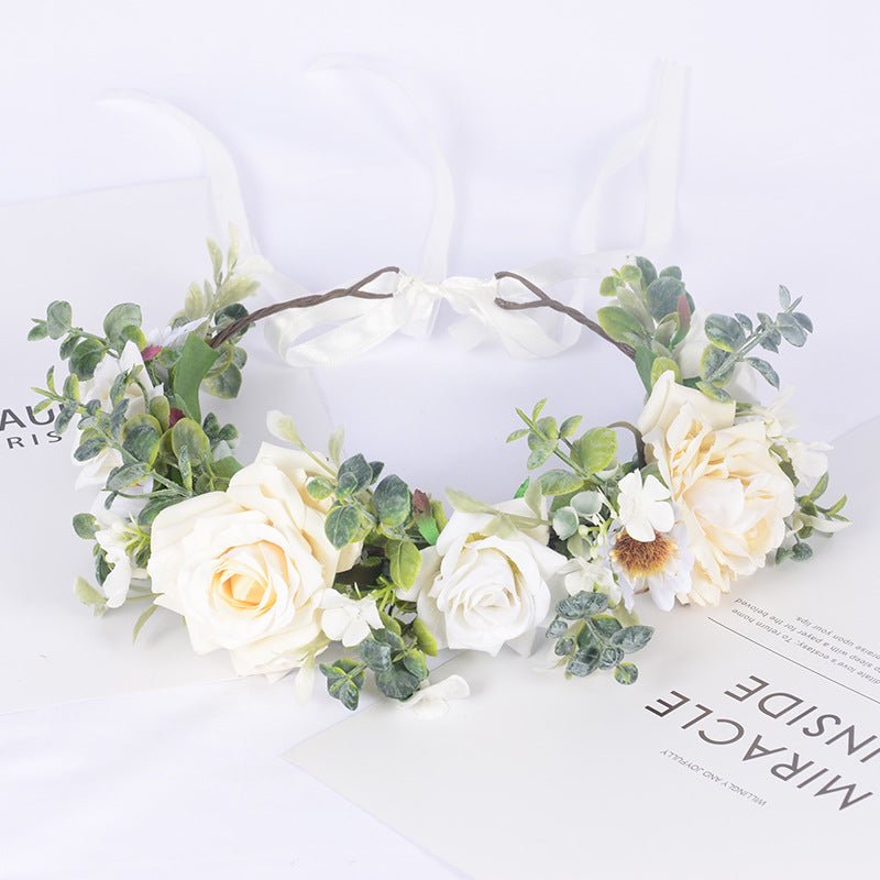 Simulated Rose Hairband Velvet Curled Edge Rose Green Leaf Flower Wreath Bridal Photo Flower Crown - Luzilly Bridal & Apparel
