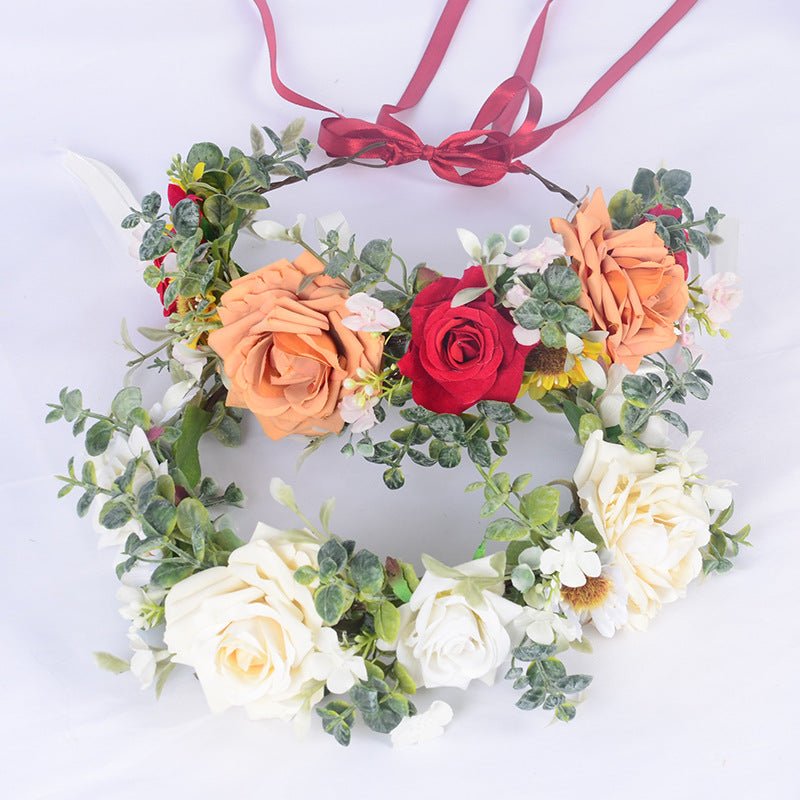 Simulated Rose Hairband Velvet Curled Edge Rose Green Leaf Flower Wreath Bridal Photo Flower Crown - Luzilly Bridal & Apparel