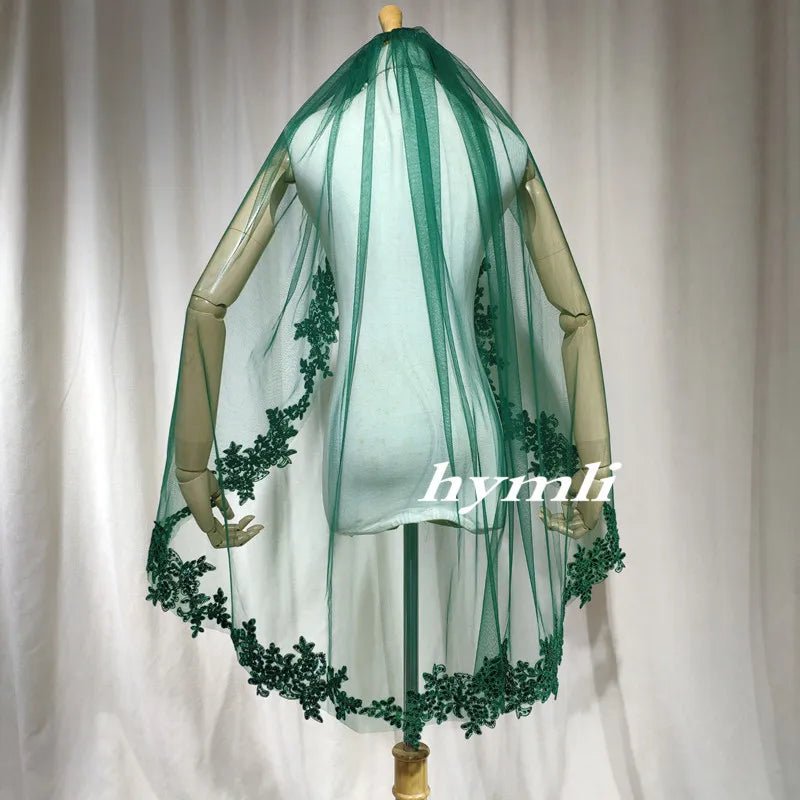 Single-Layer Dark Green Veil Sequin Lace Appliqué & Metal Comb, Personalized Choice – Distinctive Wedding Style - Luzilly Bridal & Apparel