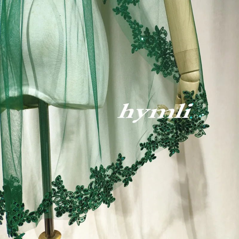 Single-Layer Dark Green Veil Sequin Lace Appliqué & Metal Comb, Personalized Choice – Distinctive Wedding Style - Luzilly Bridal & Apparel