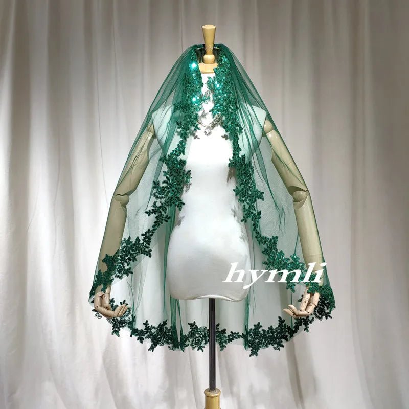 Single-Layer Dark Green Veil Sequin Lace Appliqué & Metal Comb, Personalized Choice – Distinctive Wedding Style - Luzilly Bridal & Apparel