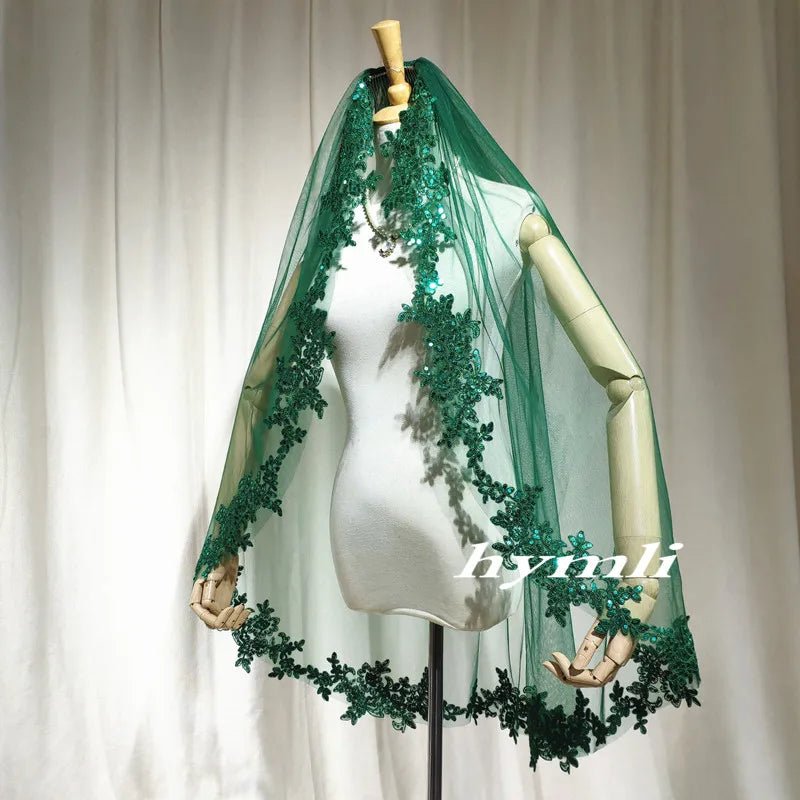 Single-Layer Dark Green Veil Sequin Lace Appliqué & Metal Comb, Personalized Choice – Distinctive Wedding Style - Luzilly Bridal & Apparel