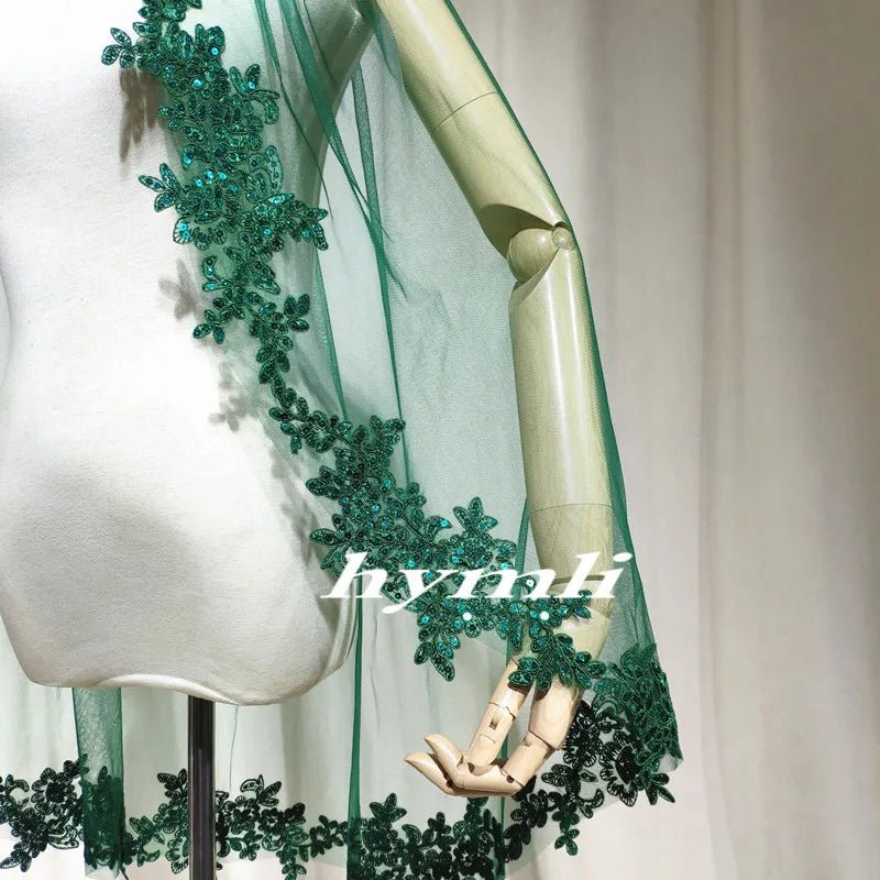 Single-Layer Dark Green Veil Sequin Lace Appliqué & Metal Comb, Personalized Choice – Distinctive Wedding Style - Luzilly Bridal & Apparel