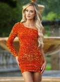Size Medium, Rita One Sleeve Sequin Mini Dress - Burnt Orange - FINAL SALE - Luzilly Bridal & Apparel
