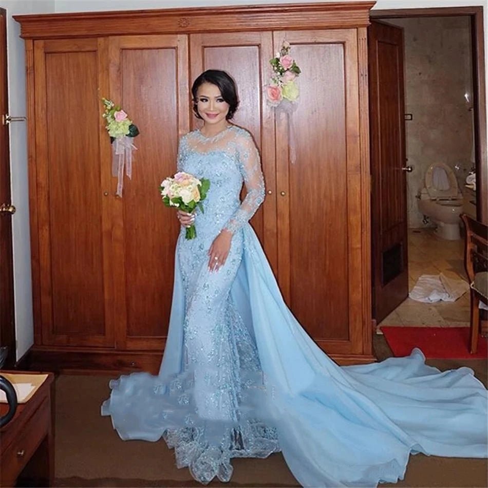 Sky Blue Lace Mermaid Mother of the Bride Dress with Detachable Train - Luzilly Bridal & Apparel