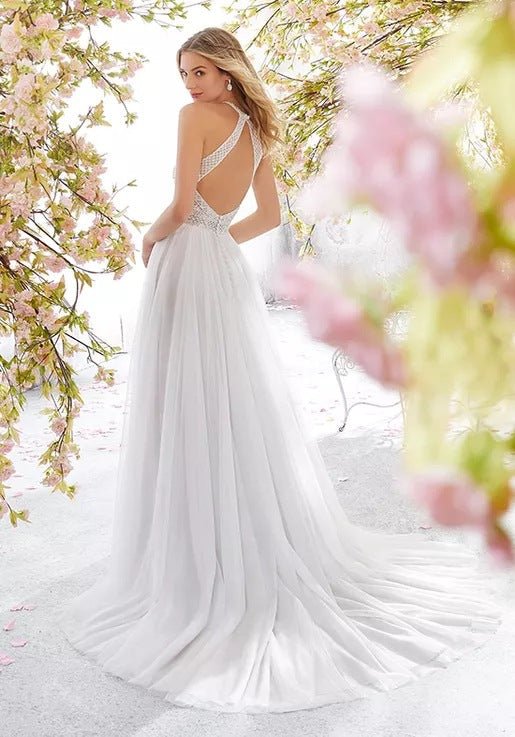 Sleeveless Halter Wedding Dress Slim Long Skirt - Luzilly Bridal & Apparel