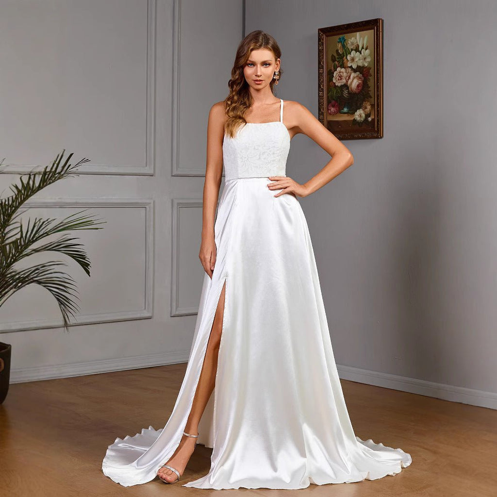 Sleeveless strapless white satin wedding evening dress - Luzilly Bridal & Apparel