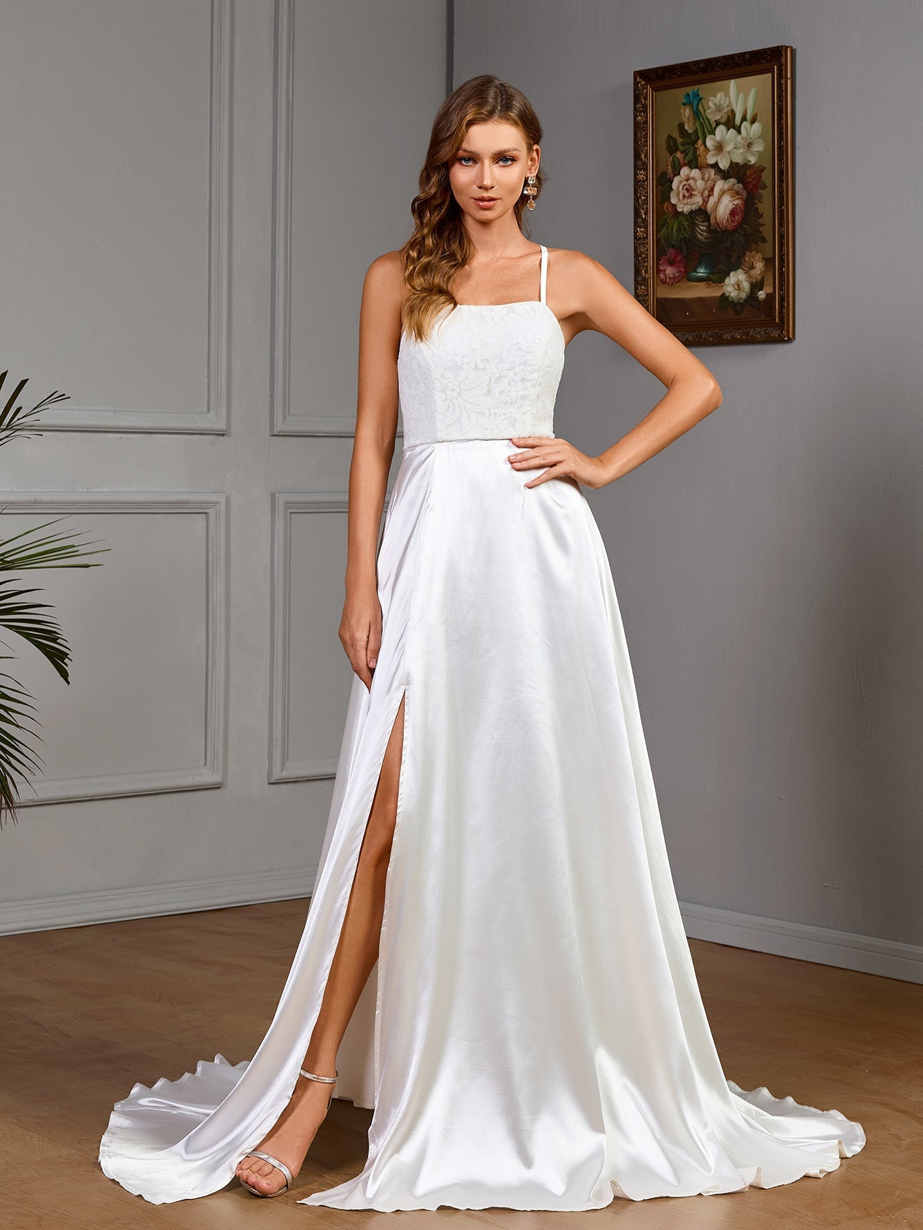 Sleeveless strapless white satin wedding evening dress - Luzilly Bridal & Apparel