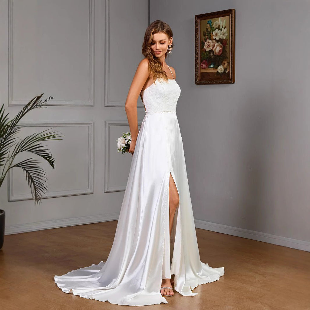 Sleeveless strapless white satin wedding evening dress - Luzilly Bridal & Apparel