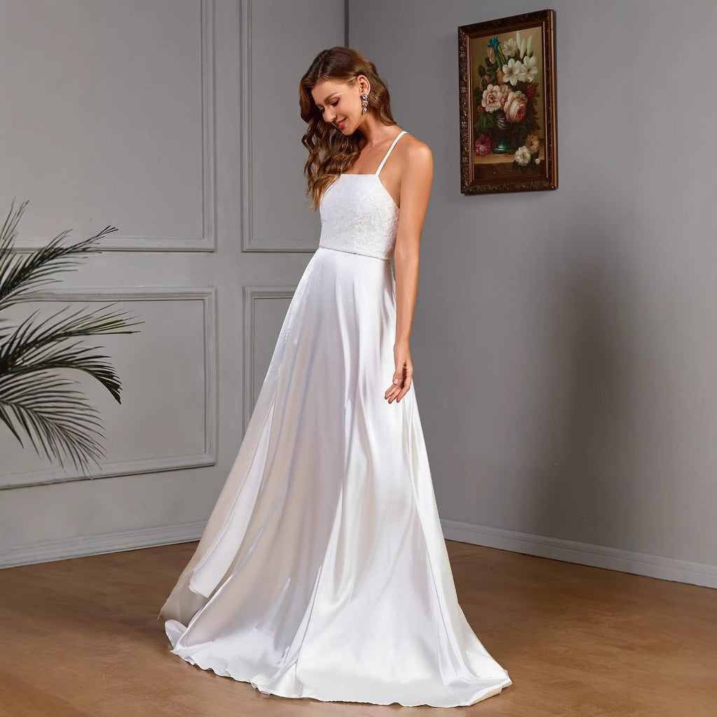 Sleeveless strapless white satin wedding evening dress - Luzilly Bridal & Apparel