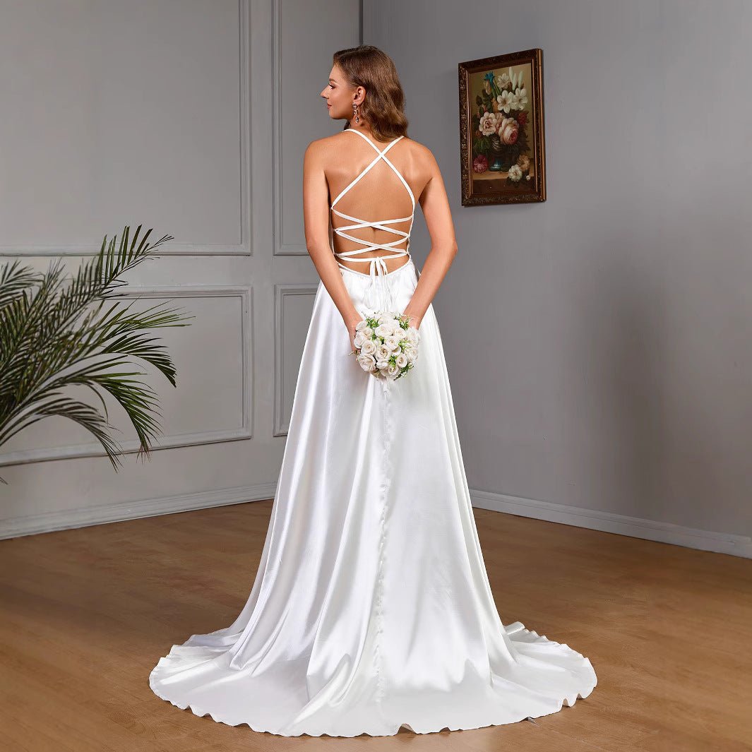 Sleeveless strapless white satin wedding evening dress - Luzilly Bridal & Apparel