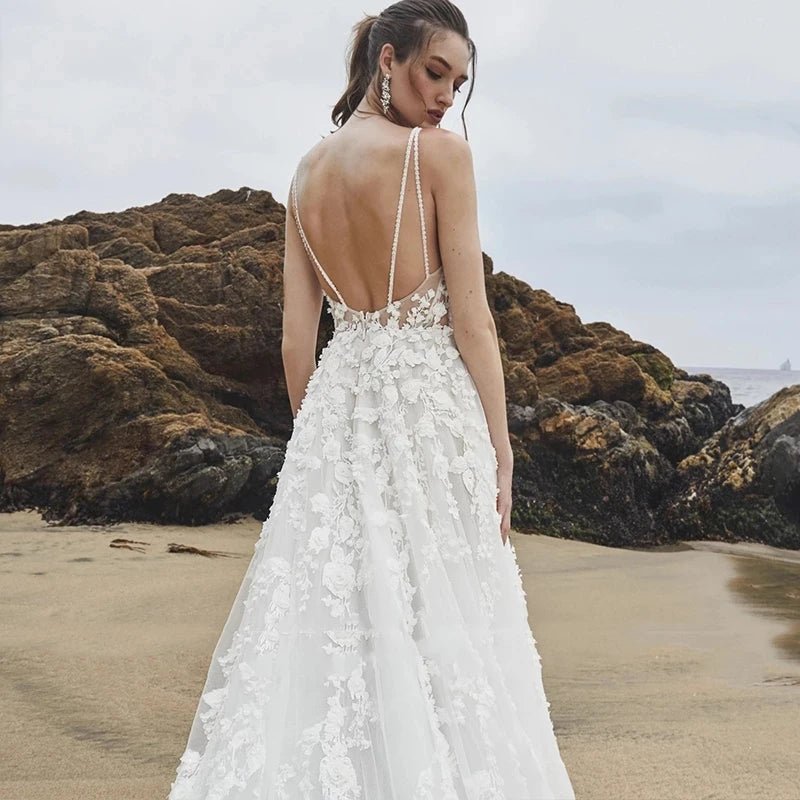 Sleeveless V-Neck Spaghetti-Strap Lace A-Line Wedding Dress - Luzilly Bridal & Apparel